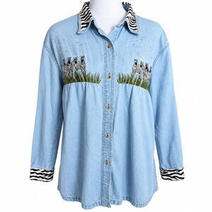 Vintage 90s Zebra Embroidered Denim Shirt Jacket Safari Animal Print Rhinestone